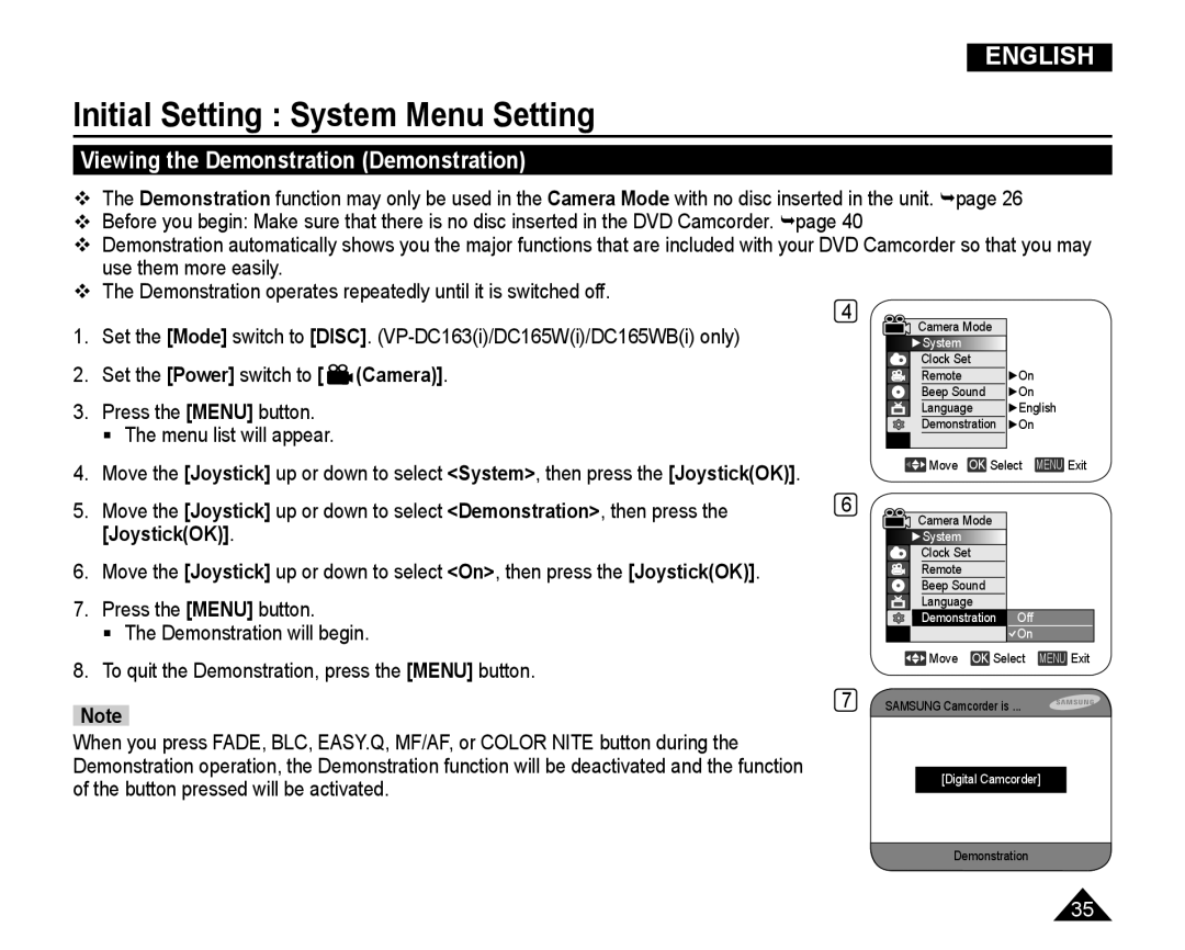 Samsung VP-DC165WI/XEV manual Viewing the Demonstration Demonstration, Camera, JoystickOK, Button pressed will be activated 