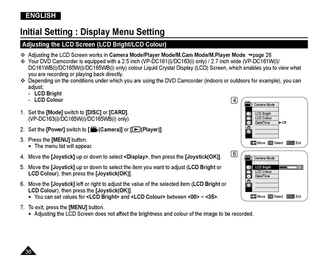 Samsung VP-DC165WI/HAC manual Initial Setting Display Menu Setting, Adjusting the LCD Screen LCD Bright/LCD Colour 