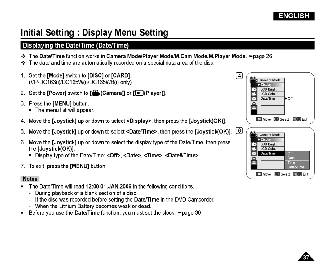 Samsung VP-DC165WI/UMG, VP-DC165WI/HAC, VP-DC165WI/MEA, VP-DC165WI/XEV manual Displaying the Date/Time Date/Time, Camera or 