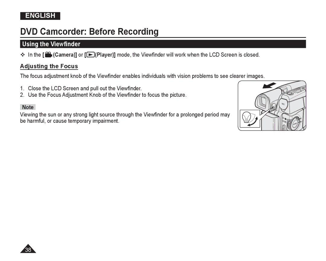 Samsung VP-DC165WI/MEA, VP-DC165WI/HAC manual DVD Camcorder Before Recording, Using the Viewﬁnder, Adjusting the Focus 