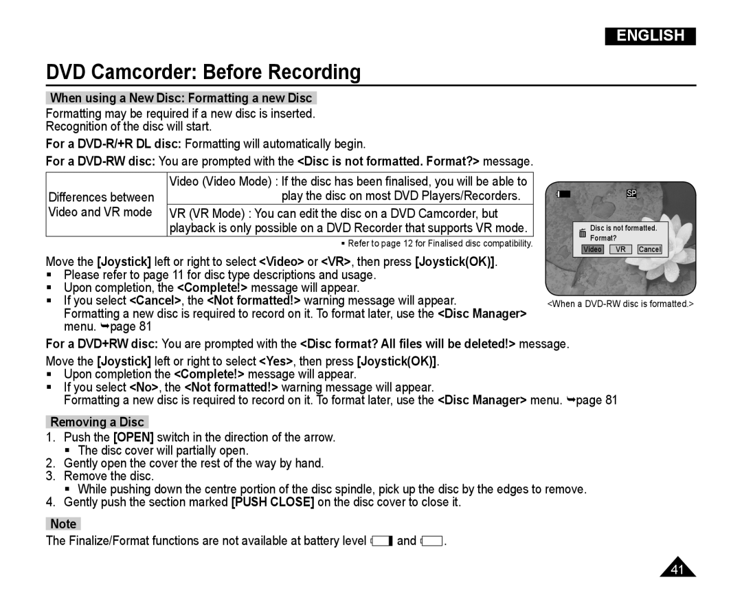 Samsung VP-DC165WI/UMG manual When using a New Disc Formatting a new Disc, Video and VR mode, Menu. page, Removing a Disc 