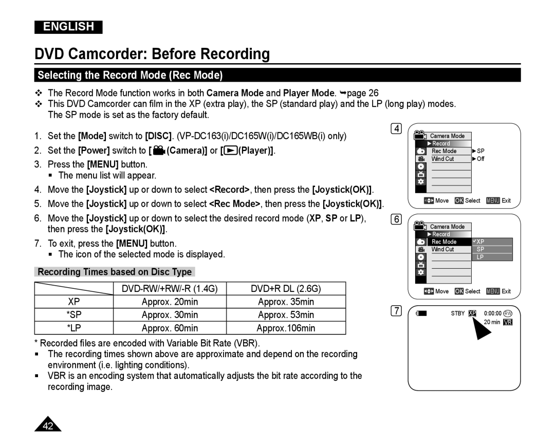 Samsung VP-DC165WI/MEA, VP-DC165WI/HAC manual Selecting the Record Mode Rec Mode, Recording Times based on Disc Type 