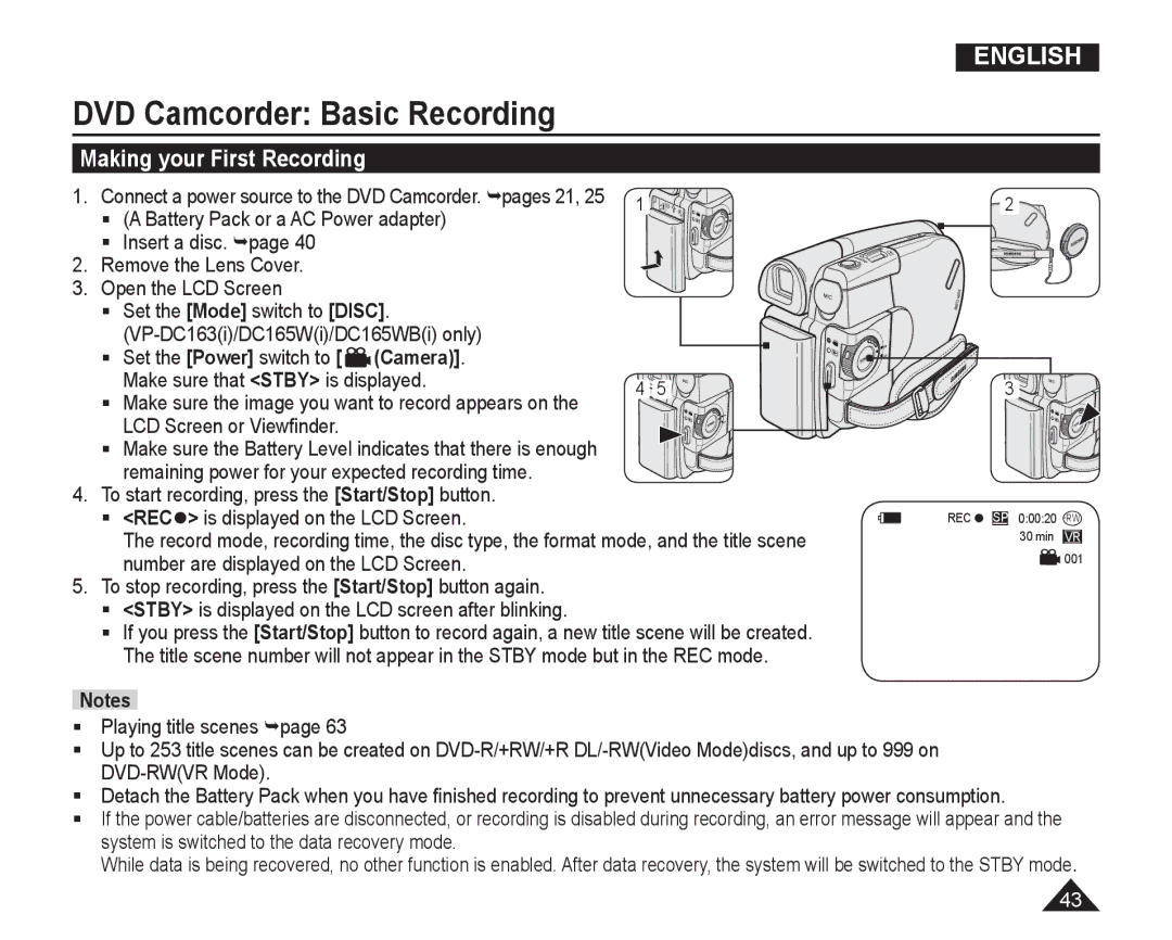 Samsung VP-DC165WI/XEV manual DVD Camcorder Basic Recording, Making your First Recording, Make sure that Stby is displayed 