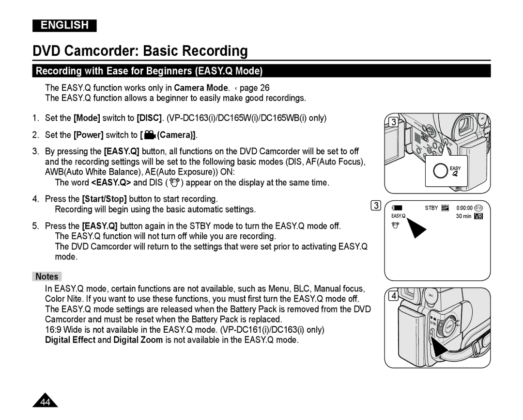 Samsung VP-DC165WI/HAC, VP-DC165WI/UMG, VP-DC165WI/MEA, VP-DC165WI/XEV manual Recording with Ease for Beginners EASY.Q Mode 