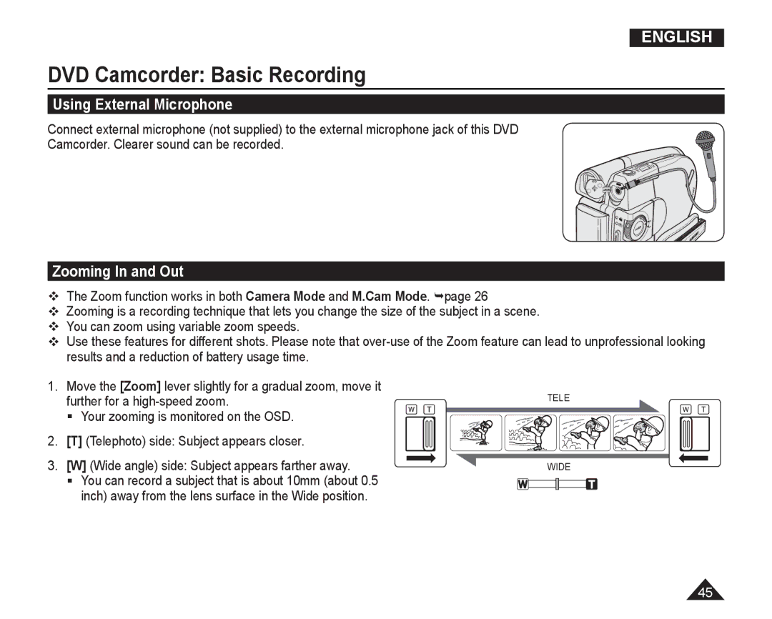 Samsung VP-DC165WI/UMG, VP-DC165WI/HAC, VP-DC165WI/MEA, VP-DC165WI/XEV manual Using External Microphone, Zooming In and Out 