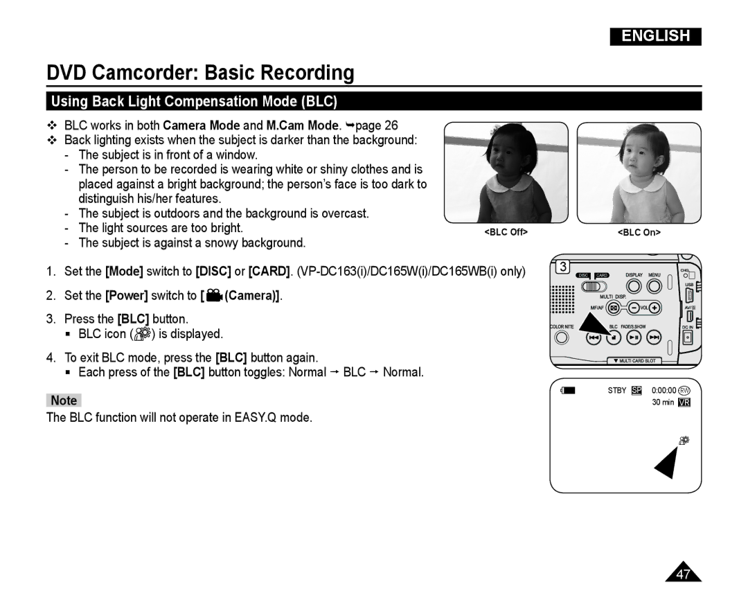 Samsung VP-DC165WI/XEV, VP-DC165WI/HAC manual Using Back Light Compensation Mode BLC, Subject is against a snowy background 