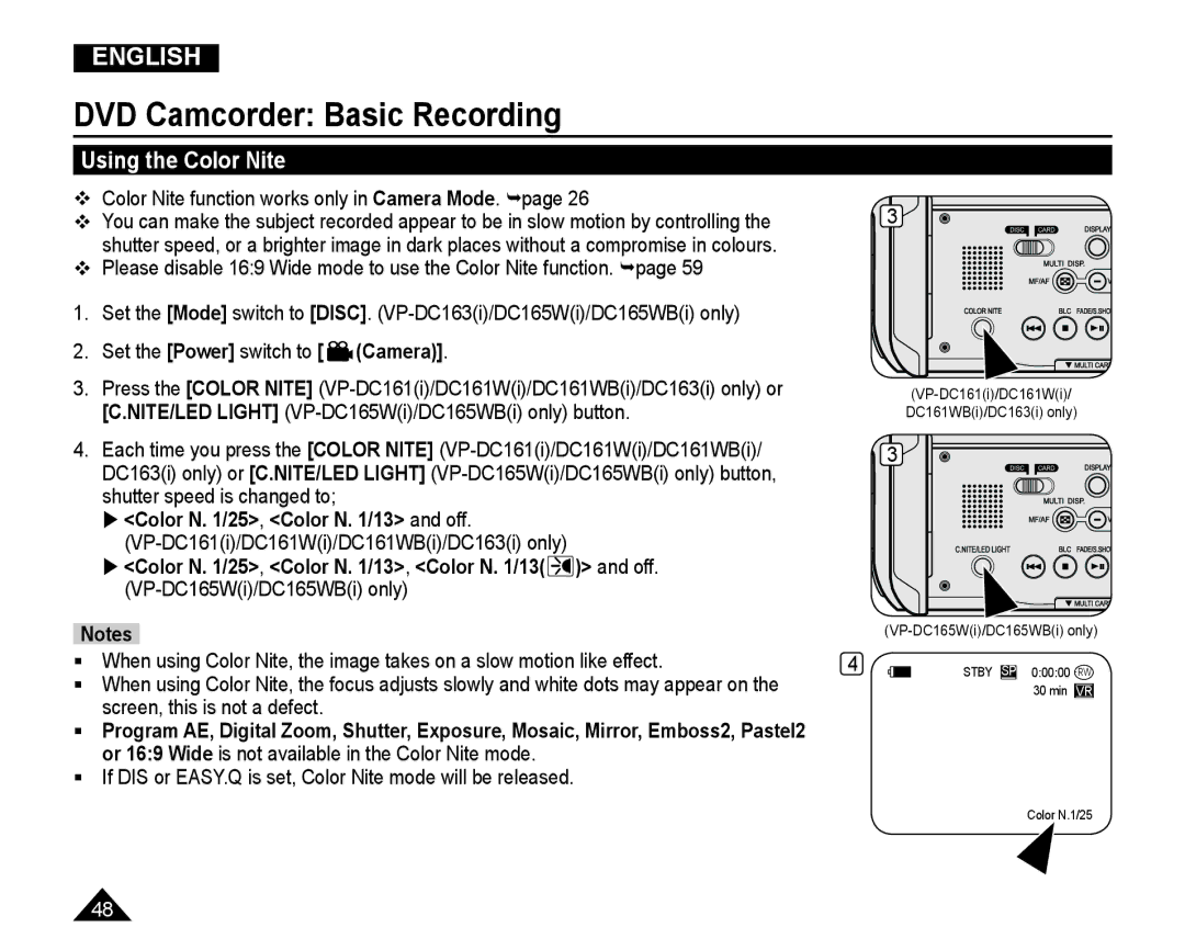 Samsung VP-DC165WI/HAC, VP-DC165WI/UMG manual Using the Color Nite,  Color Nite function works only in Camera Mode. page 