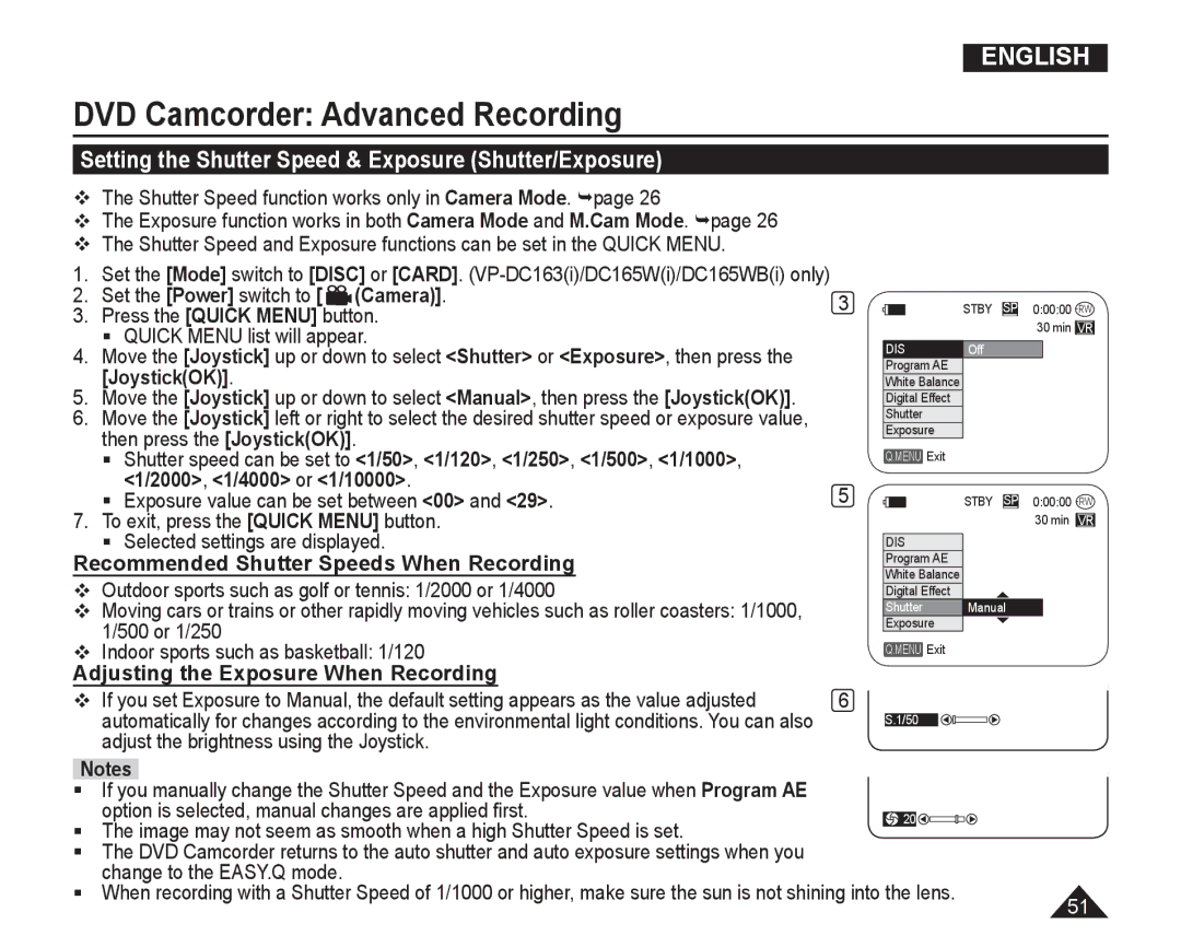 Samsung VP-DC165WI/XEV, VP-DC165WI/HAC, VP-DC165WI/UMG, VP-DC165WI/MEA Setting the Shutter Speed & Exposure Shutter/Exposure 