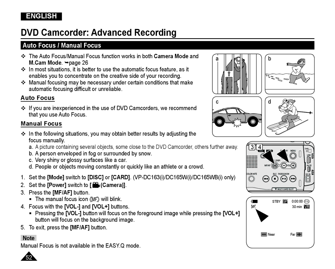 Samsung VP-DC165WI/HAC, VP-DC165WI/UMG manual Auto Focus / Manual Focus, Manual Focus is not available in the EASY.Q mode 