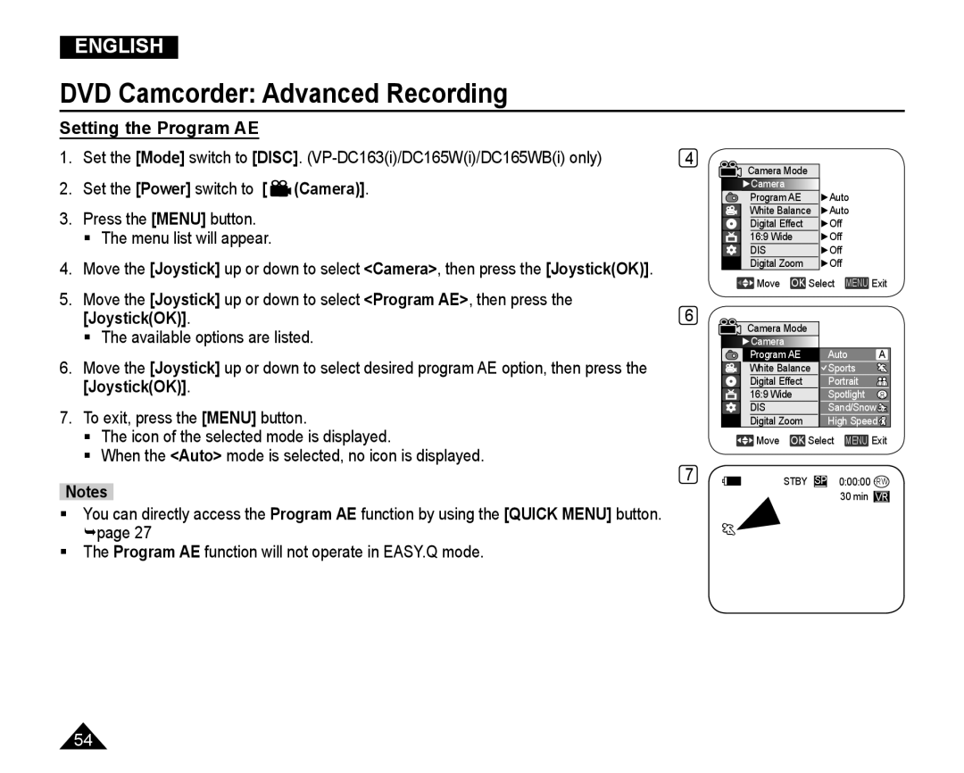 Samsung VP-DC165WI/MEA, VP-DC165WI/HAC, VP-DC165WI/UMG, VP-DC165WI/XEV manual Setting the Program AE, JoystickOK 