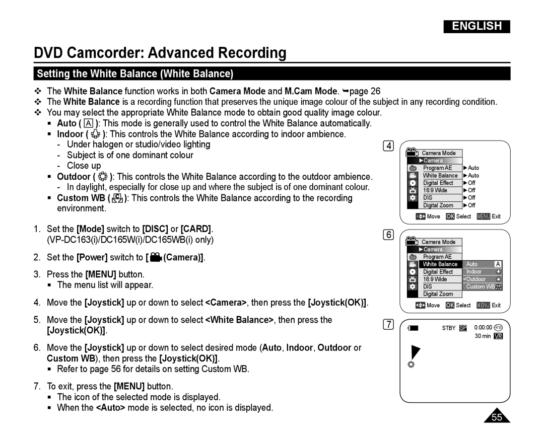 Samsung VP-DC165WI/XEV, VP-DC165WI/HAC, VP-DC165WI/UMG manual Setting the White Balance White Balance, Close up, Environment 