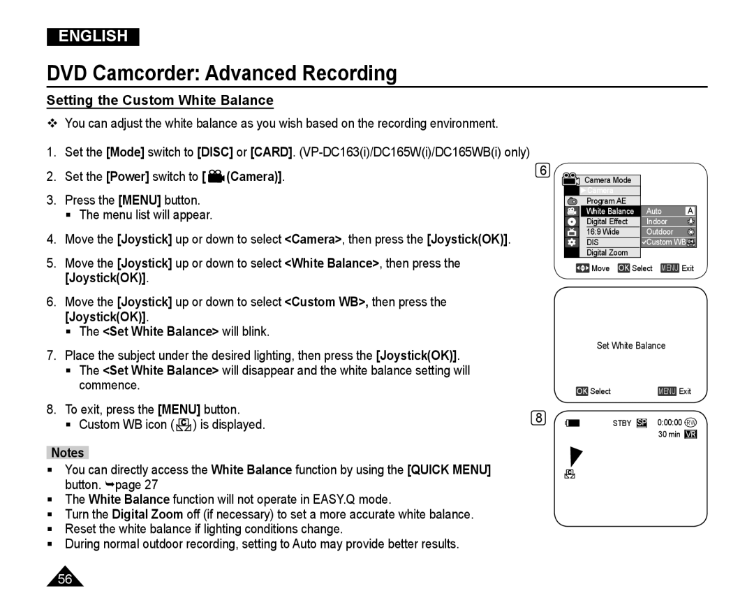 Samsung VP-DC165WI/HAC, VP-DC165WI/UMG Setting the Custom White Balance, JoystickOK  The Set White Balance will blink 