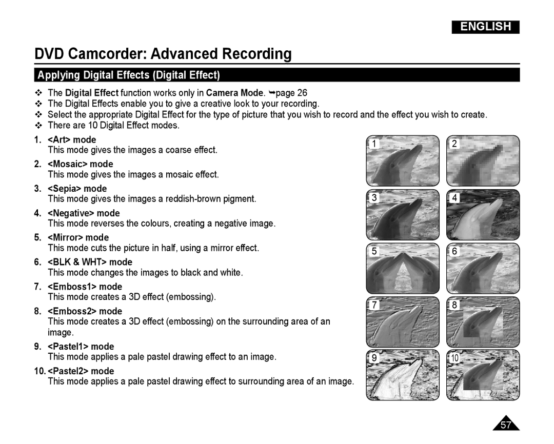 Samsung VP-DC165WI/UMG, VP-DC165WI/HAC, VP-DC165WI/MEA, VP-DC165WI/XEV manual Applying Digital Effects Digital Effect 