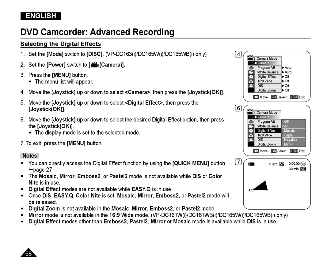 Samsung VP-DC165WI/MEA, VP-DC165WI/HAC, VP-DC165WI/UMG, VP-DC165WI/XEV manual Selecting the Digital Effects, page 