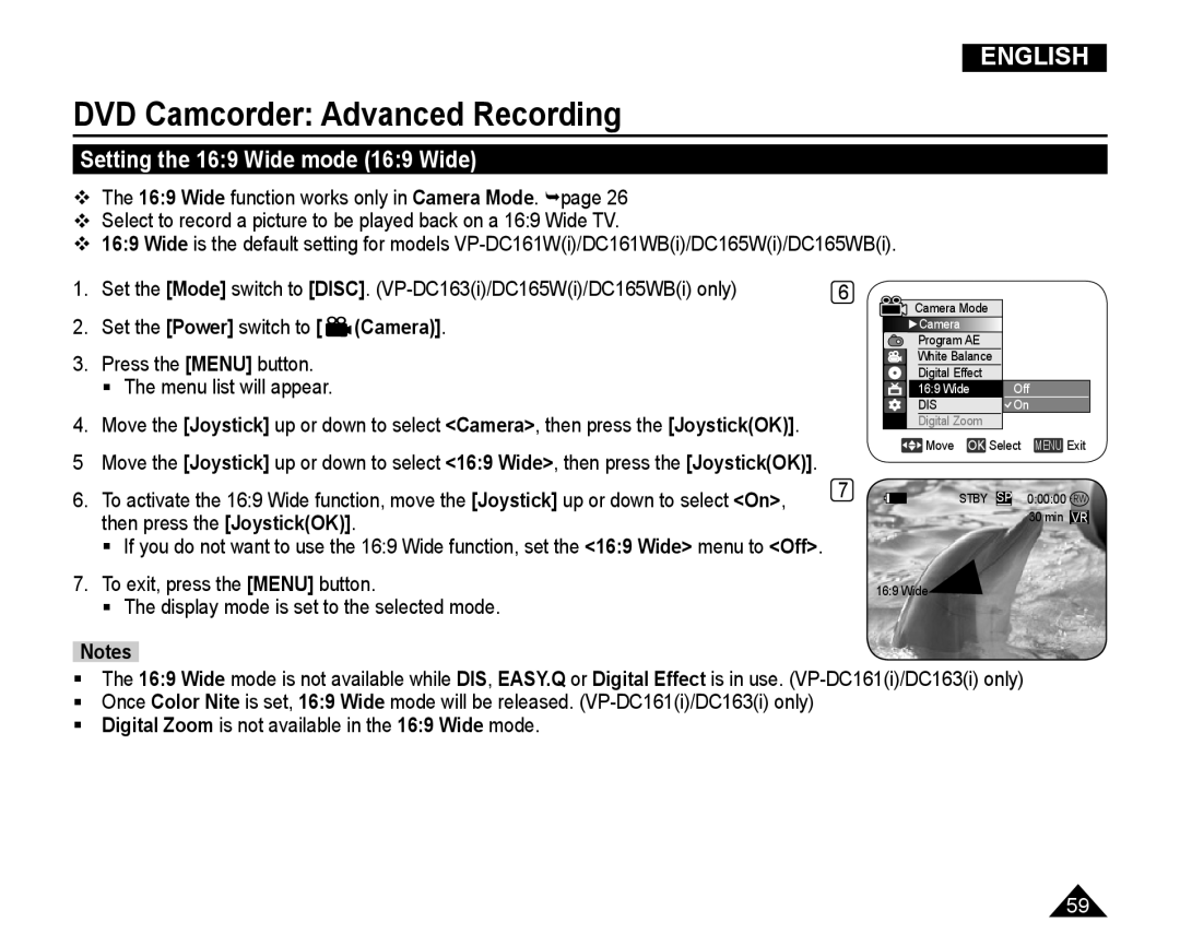 Samsung VP-DC165WI/XEV, VP-DC165WI/HAC, VP-DC165WI/UMG, VP-DC165WI/MEA manual Setting the 169 Wide mode 169 Wide 