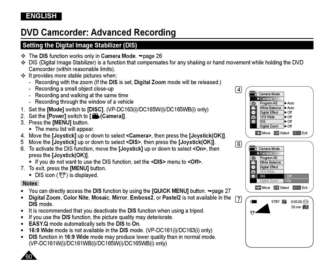 Samsung VP-DC165WI/HAC manual Setting the Digital Image Stabilizer DIS, Recording through the window of a vehicle, DIS mode 