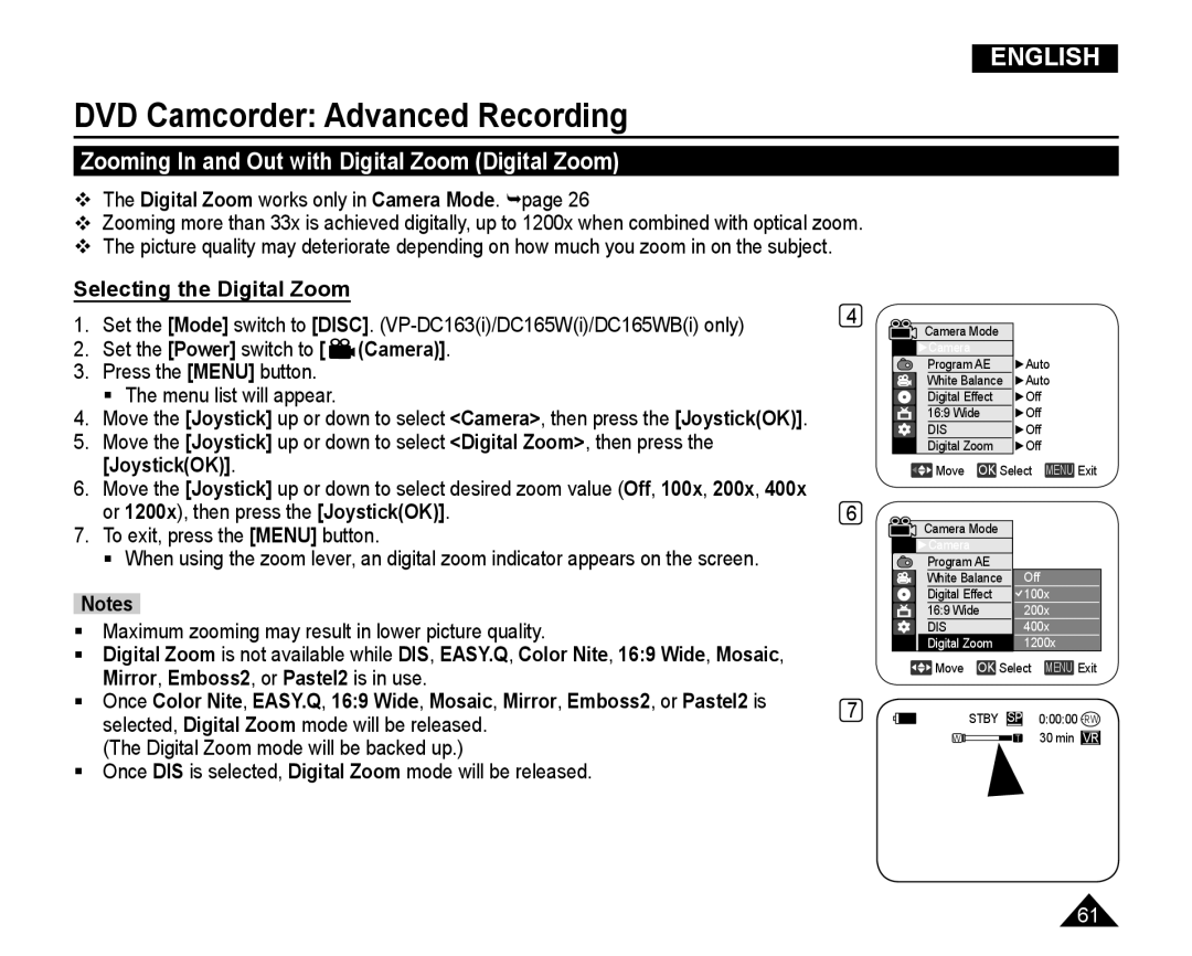 Samsung VP-DC165WI/UMG, VP-DC165WI/HAC manual Zooming In and Out with Digital Zoom Digital Zoom, Selecting the Digital Zoom 