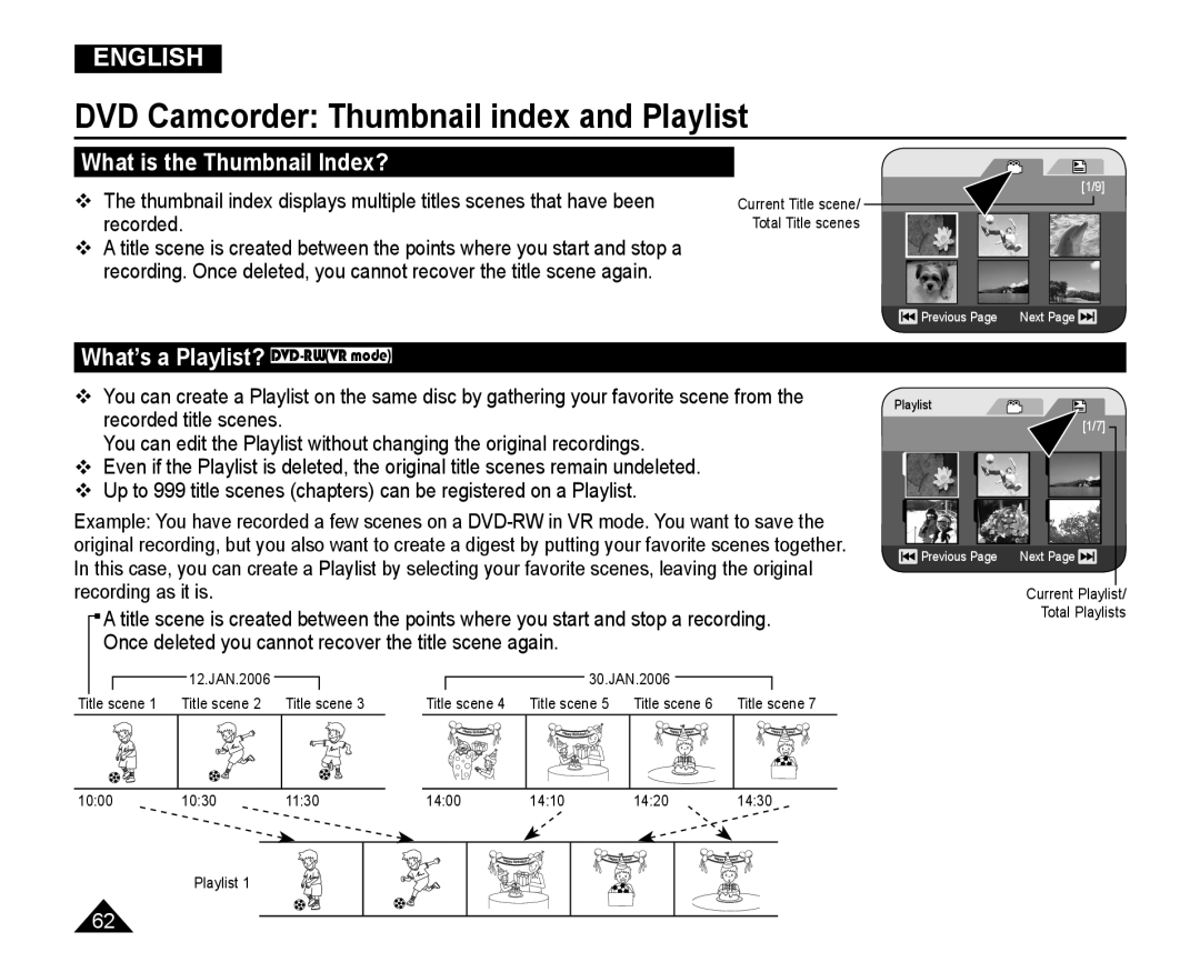 Samsung VP-DC165WI/MEA, VP-DC165WI/HAC manual DVD Camcorder Thumbnail index and Playlist, What is the Thumbnail Index? 