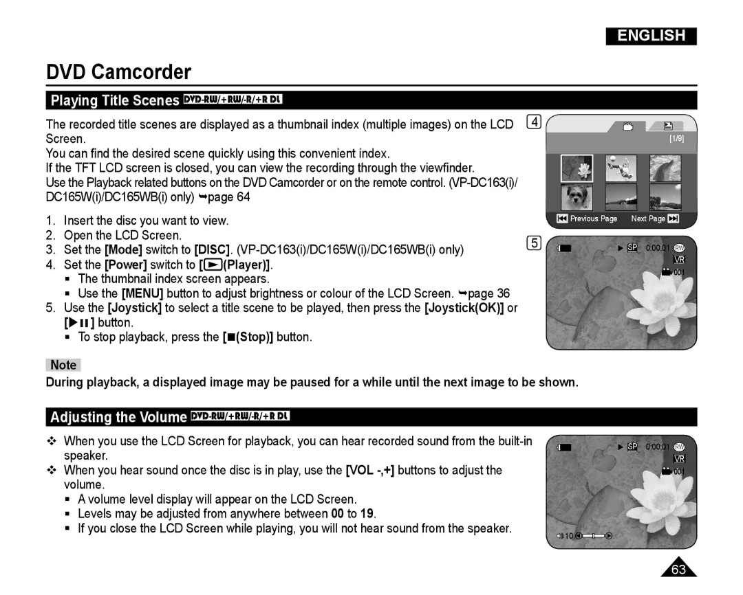 Samsung VP-DC165WI/XEV DVD Camcorder, Playing Title Scenes DVD-RW/+RW/-R/+R DL, Adjusting the Volume DVD-RW/+RW/-R/+R DL 