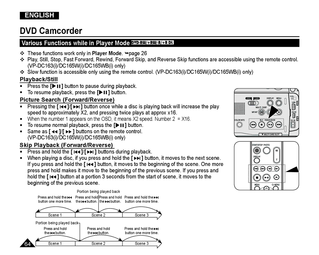 Samsung VP-DC165WI/HAC, VP-DC165WI/UMG manual Various Functions while in Player Mode DVD-RW/+RW/-R/+R DL, Playback/Still 