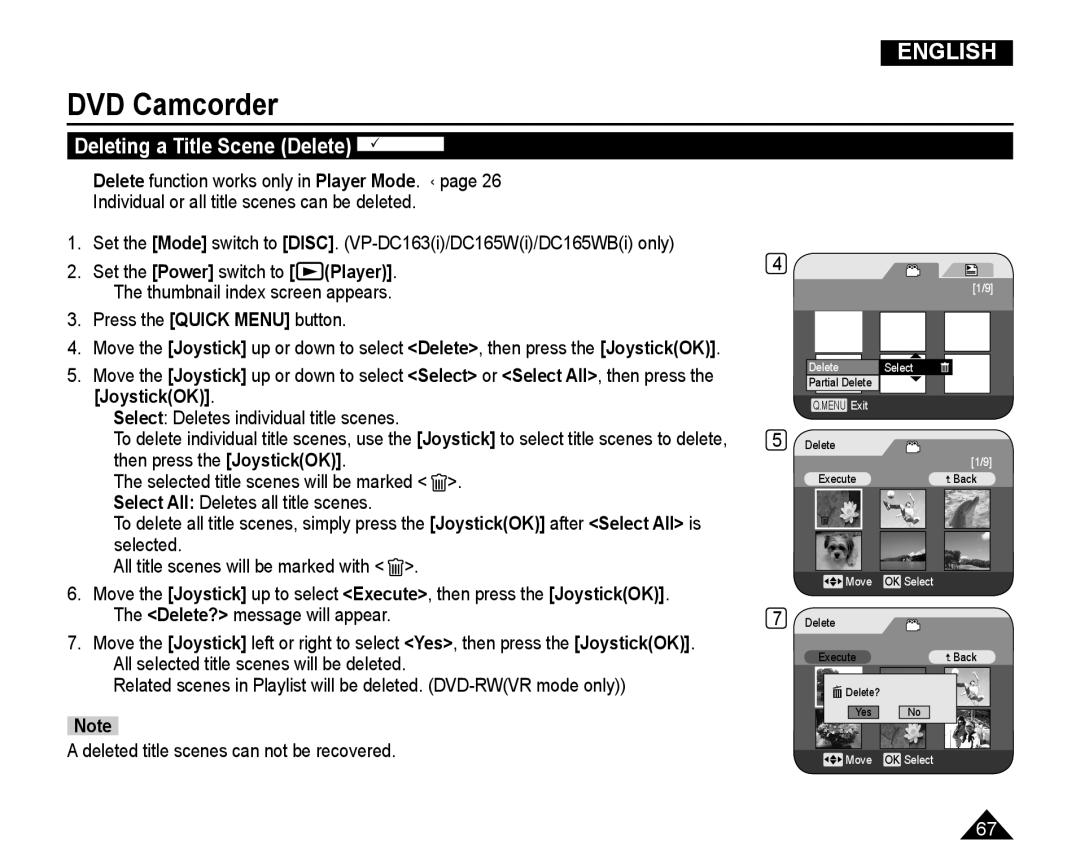 Samsung VP-DC165WI/XEV, VP-DC165WI/HAC Deleting a Title Scene Delete DVD -RW/+RW, Player Thumbnail index screen appears 