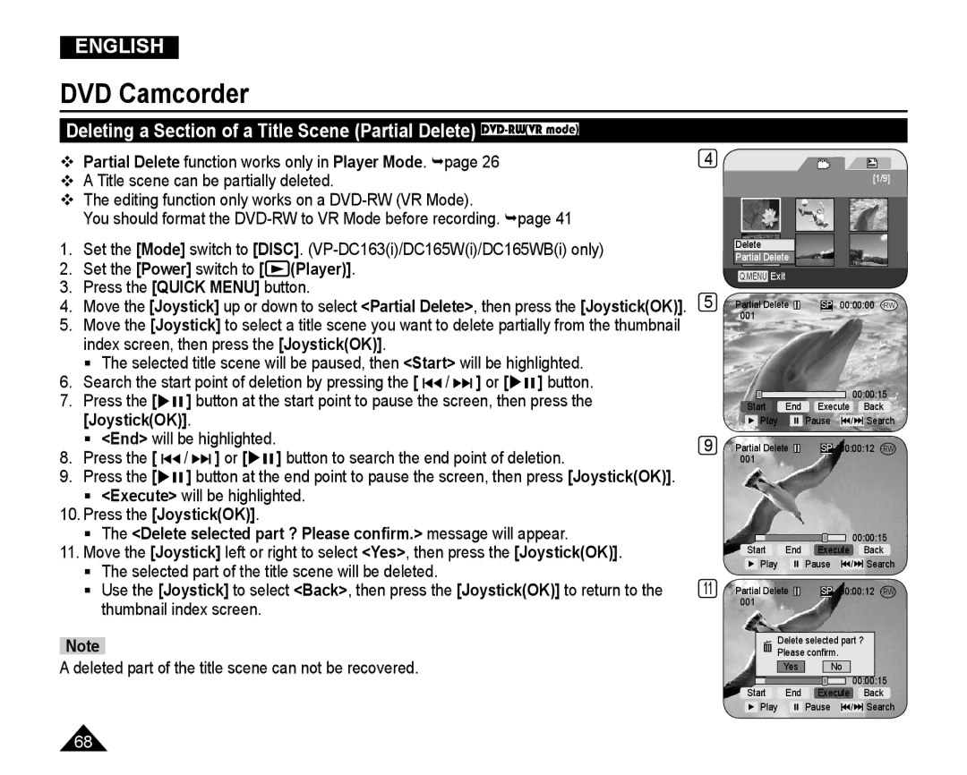 Samsung VP-DC165WI/HAC, VP-DC165WI/UMG, VP-DC165WI/MEA manual Set the Power switch to Player,  Execute will be highlighted 