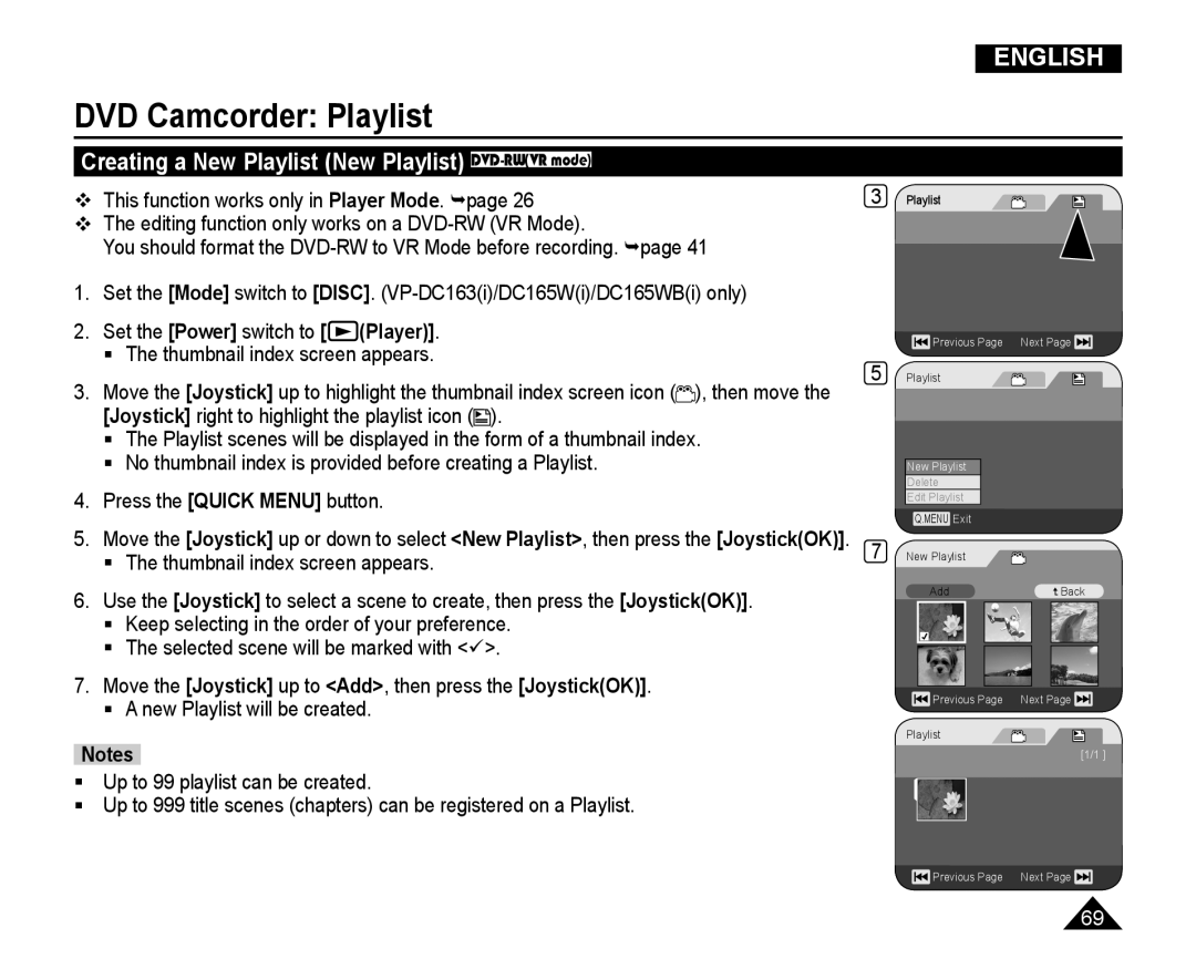 Samsung VP-DC165WI/UMG, VP-DC165WI/HAC manual DVD Camcorder Playlist, Creating a New Playlist New Playlist DVD-RWVR mode 