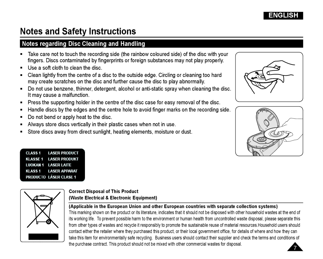 Samsung VP-DC165WI/XEV, VP-DC165WI/HAC, VP-DC165WI/UMG, VP-DC165WI/MEA manual  Use a soft cloth to clean the disc 