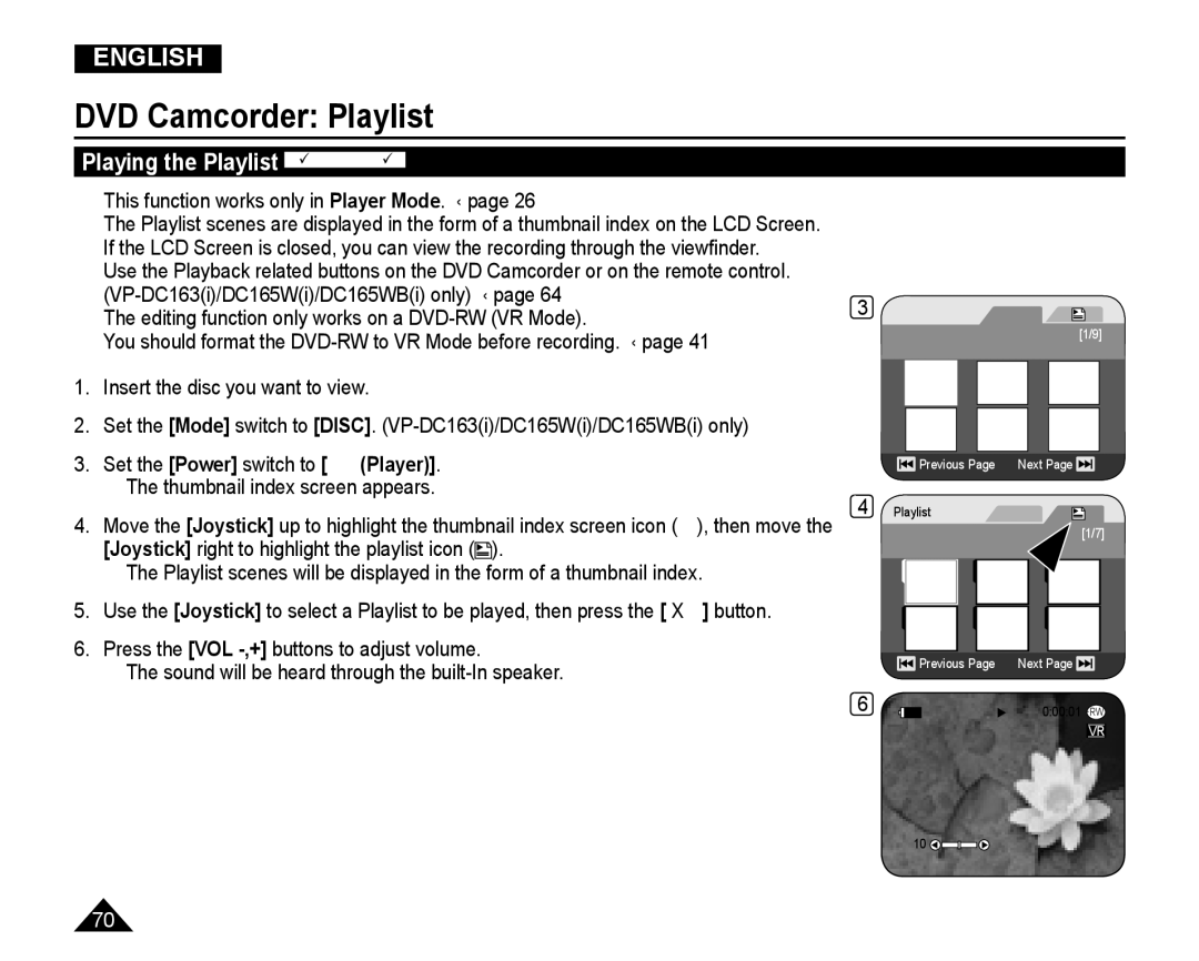 Samsung VP-DC165WI/MEA manual Playing the Playlist DVD-RWVR mode,  This function works only in Player Mode. page 