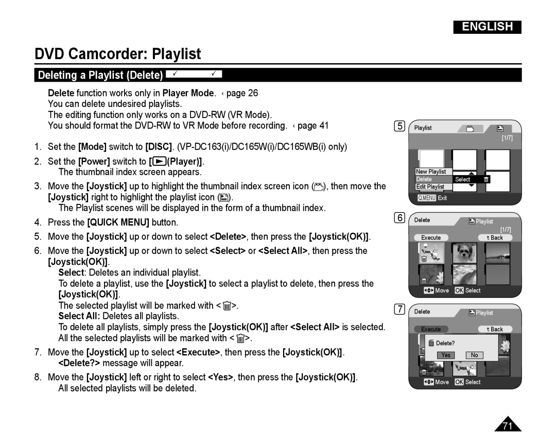 Samsung VP-DC165WI/XEV, VP-DC165WI/HAC Deleting a Playlist Delete DVD-RWVR mode,  All selected playlists will be deleted 