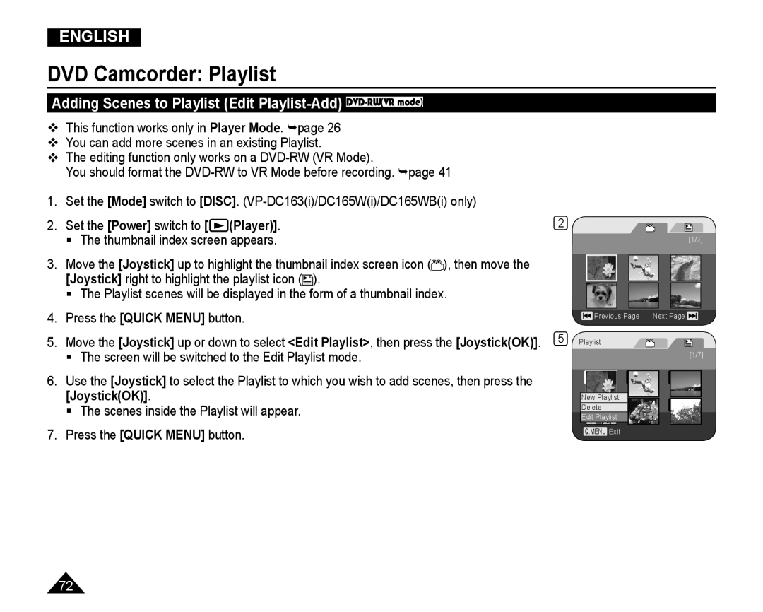 Samsung VP-DC165WI/HAC, VP-DC165WI/UMG, VP-DC165WI/MEA manual Adding Scenes to Playlist Edit Playlist-Add DVD-RWVR mode 