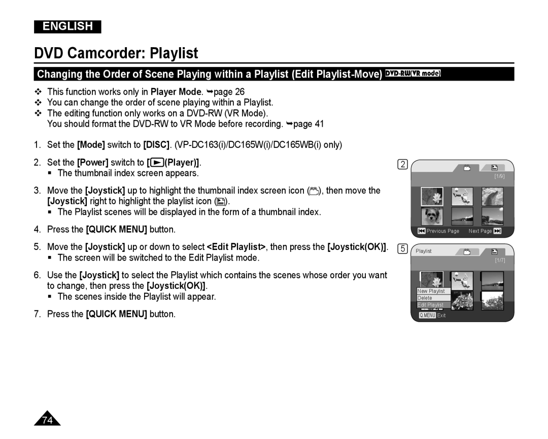 Samsung VP-DC165WI/MEA, VP-DC165WI/HAC, VP-DC165WI/UMG, VP-DC165WI/XEV manual DVD Camcorder Playlist 