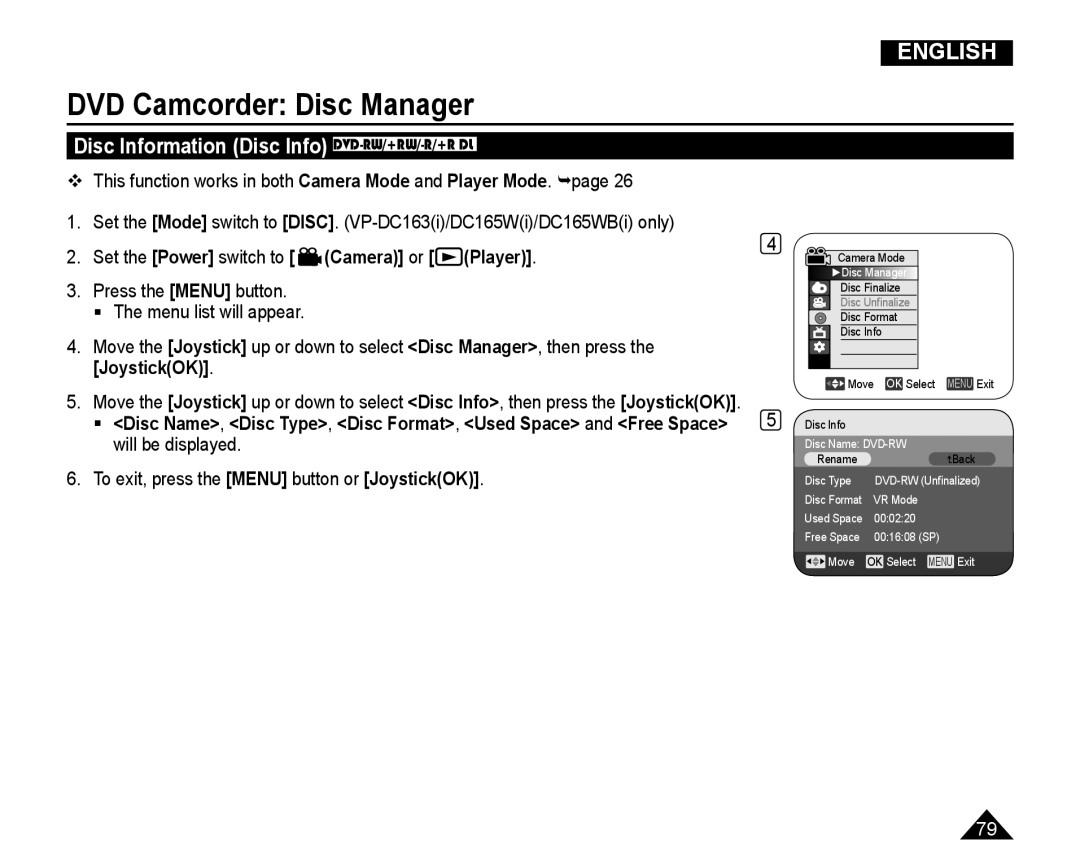 Samsung VP-DC165WI/XEV, VP-DC165WI/HAC manual DVD Camcorder Disc Manager, Disc Information Disc Info DVD-RW/+RW/-R/+R DL 