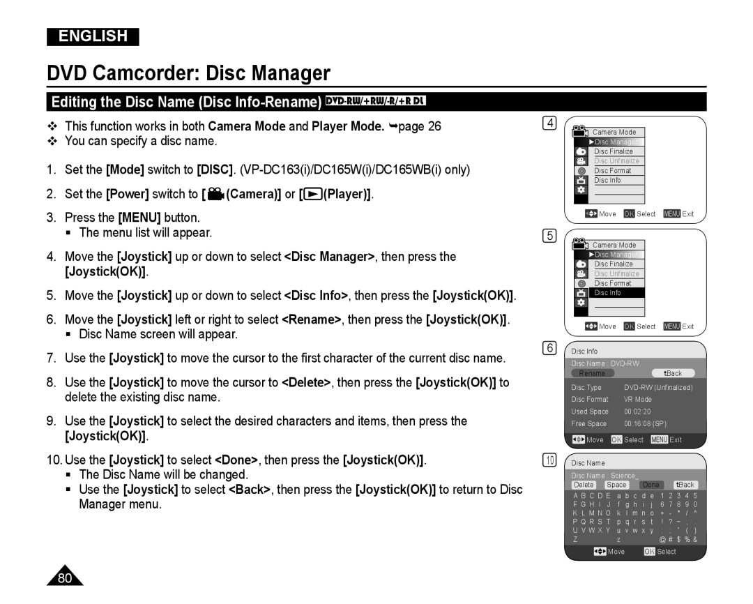 Samsung VP-DC165WI/HAC manual Editing the Disc Name Disc Info-Rename DVD-RW/+RW/-R/+R DL,  Disc Name screen will appear 