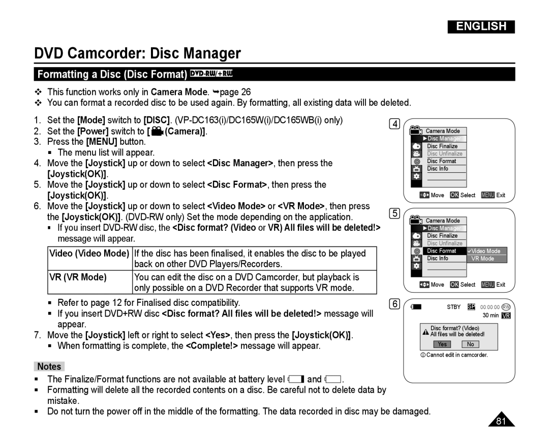 Samsung VP-DC165WI/UMG Formatting a Disc Disc Format DVD-RW/+RW, Message will appear, Back on other DVD Players/Recorders 