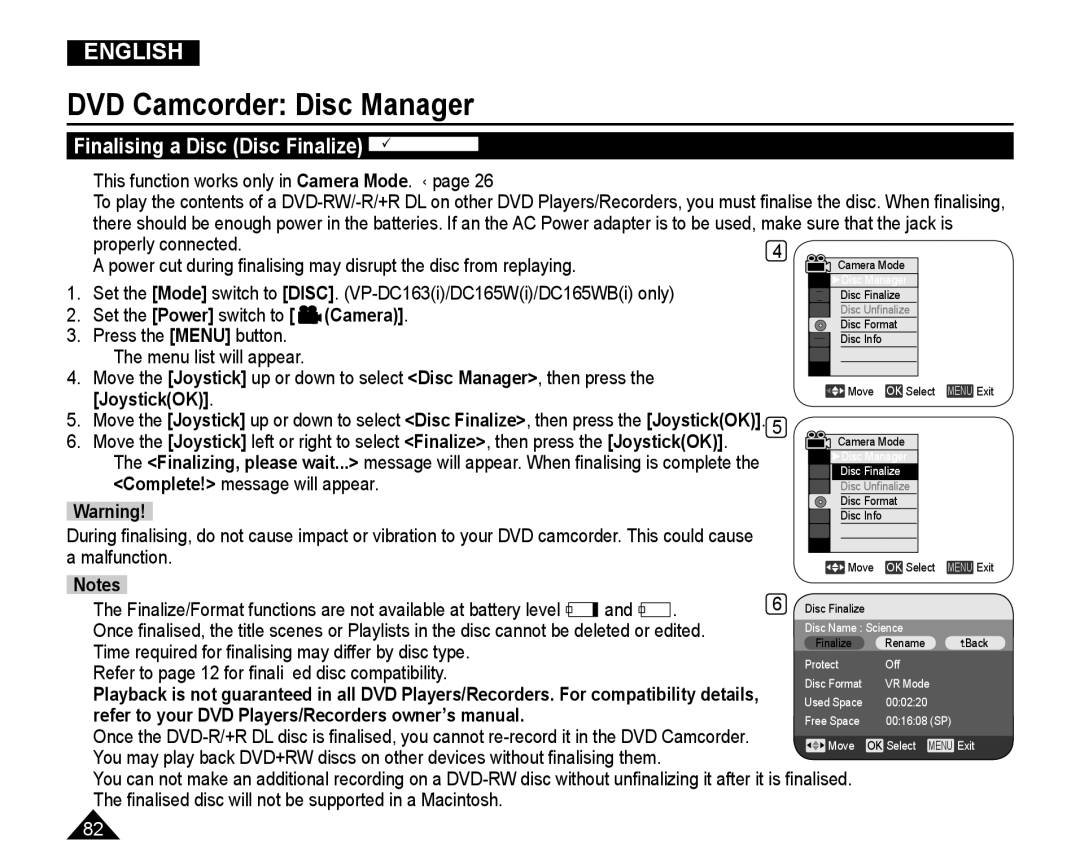 Samsung VP-DC165WI/MEA, VP-DC165WI/HAC, VP-DC165WI/UMG, VP-DC165WI/XEV manual Finalising a Disc Disc Finalize DVD-RW/-R/+R DL 