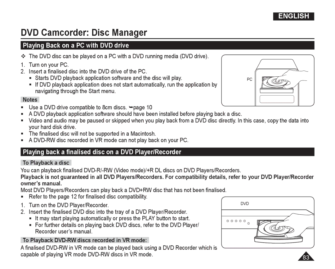 Samsung VP-DC165WI/XEV manual Playing Back on a PC with DVD drive, Playing back a ﬁnalised disc on a DVD Player/Recorder 