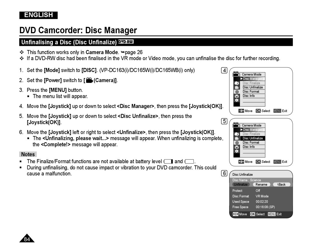 Samsung VP-DC165WI/HAC, VP-DC165WI/UMG manual Unﬁnalising a Disc Disc Unﬁnalize DVD-RW, JoystickOK.5, Cause a malfunction 