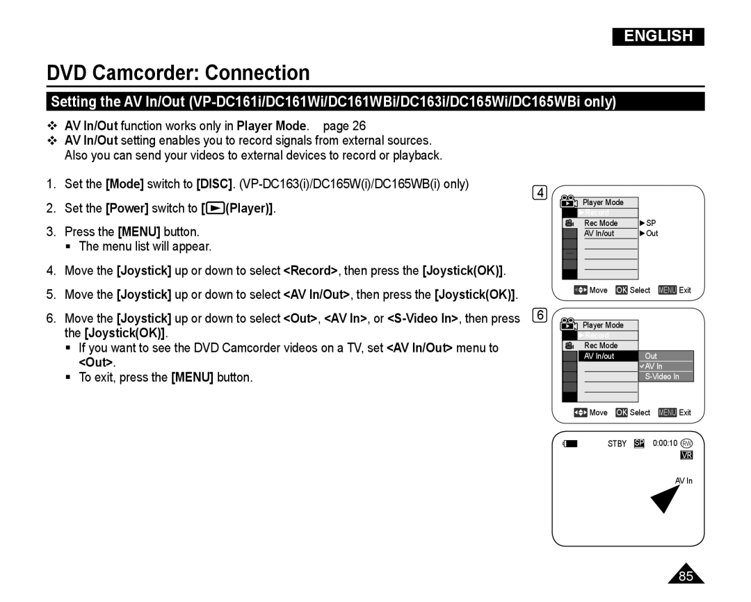 Samsung VP-DC165WI/UMG, VP-DC165WI/HAC DVD Camcorder Connection,  AV In/Out function works only in Player Mode. page 