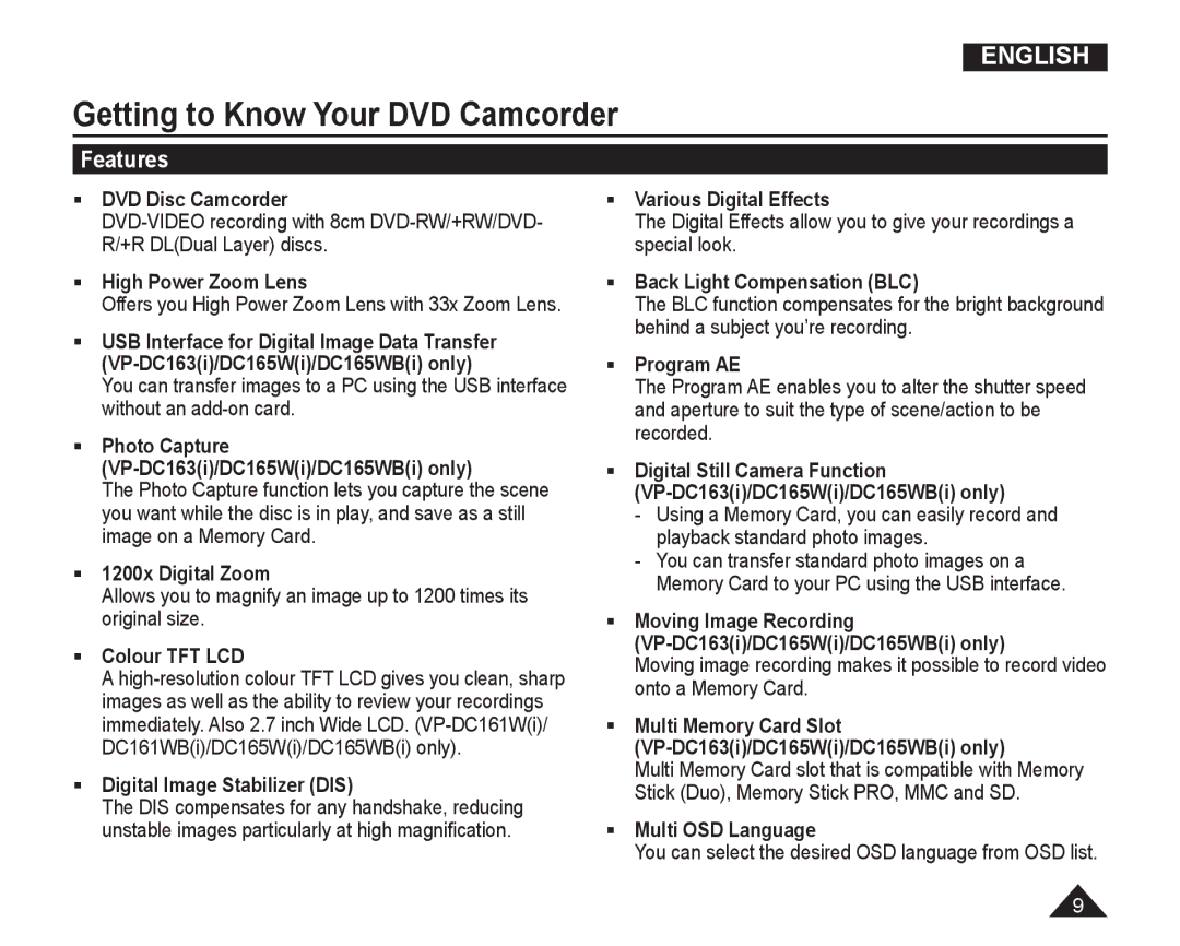 Samsung VP-DC165WI/UMG, VP-DC165WI/HAC, VP-DC165WI/MEA, VP-DC165WI/XEV manual Getting to Know Your DVD Camcorder, Features 