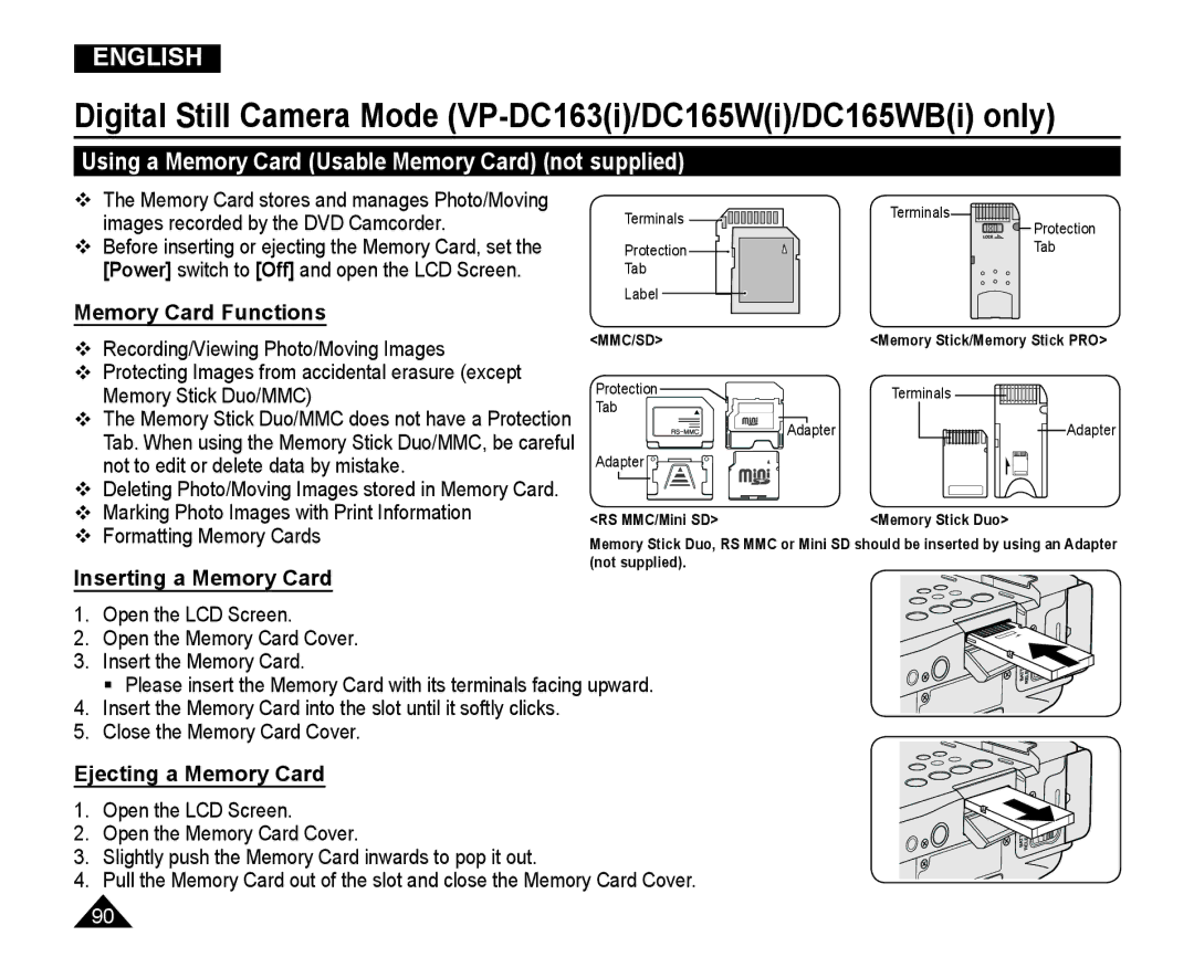 Samsung VP-DC165WI/MEA, VP-DC165WI/HAC Digital Still Camera Mode VP-DC163i/DC165Wi/DC165WBi only, Memory Card Functions 