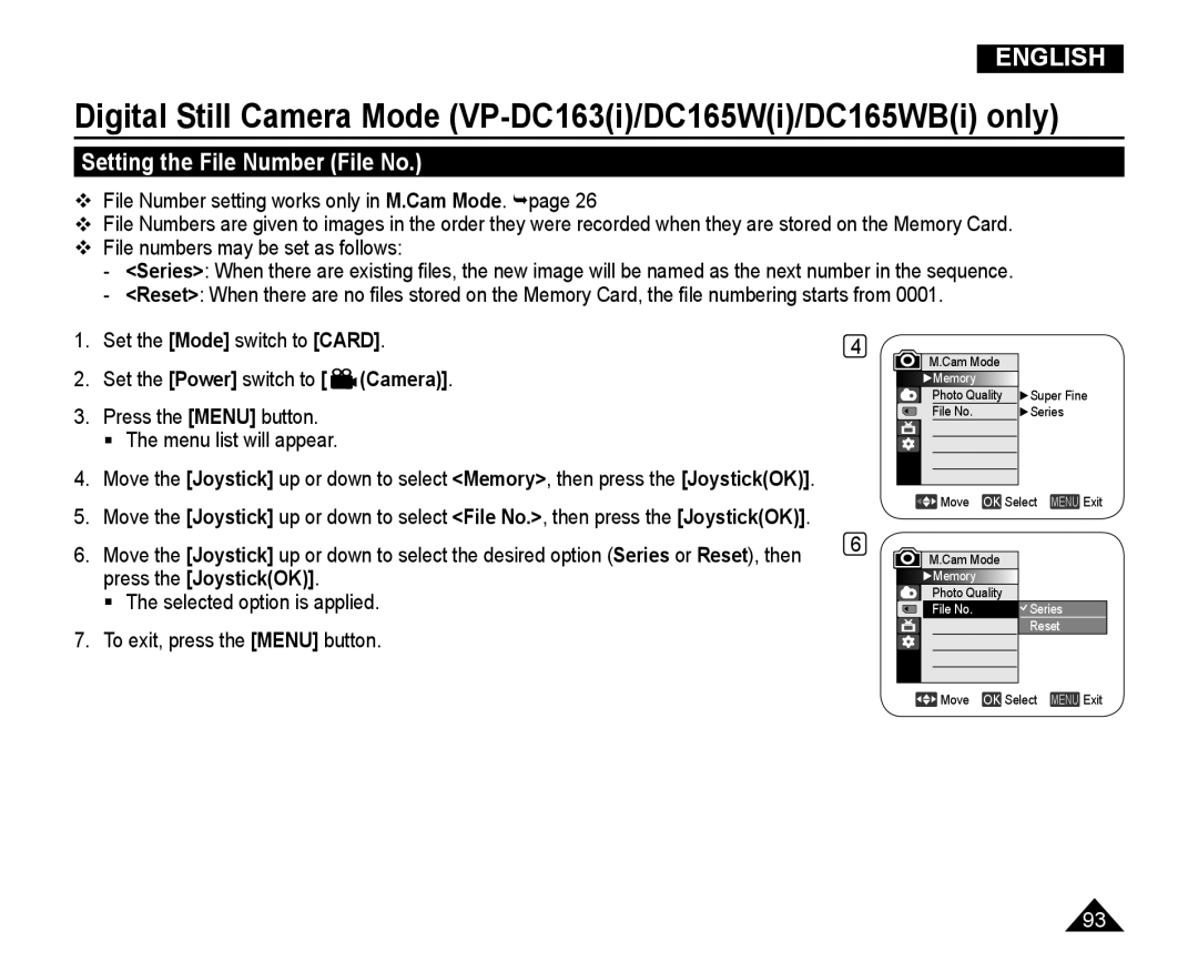 Samsung VP-DC165WI/UMG, VP-DC165WI/HAC, VP-DC165WI/MEA, VP-DC165WI/XEV manual Setting the File Number File No 