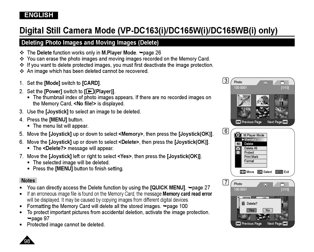 Samsung VP-DC165WI/MEA manual Deleting Photo Images and Moving Images Delete, page Protected image cannot be deleted 