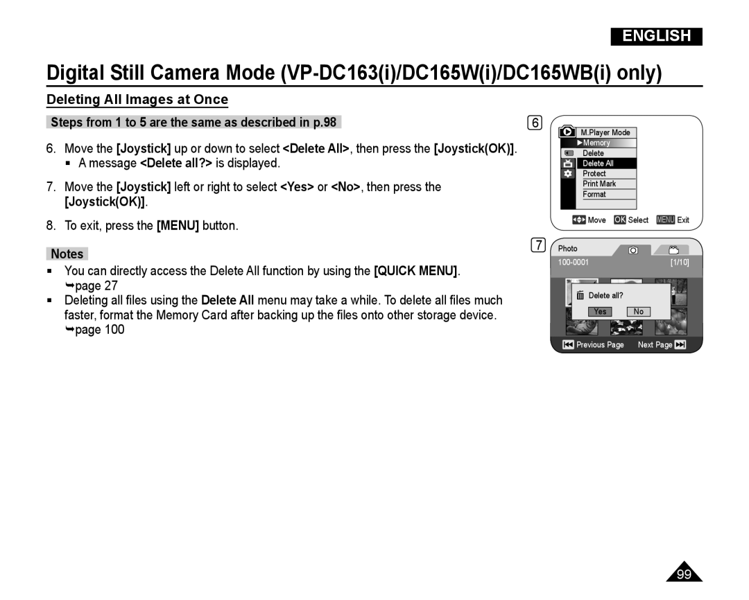 Samsung VP-DC165WI/XEV, VP-DC165WI/HAC, VP-DC165WI/UMG, VP-DC165WI/MEA manual Deleting All Images at Once 