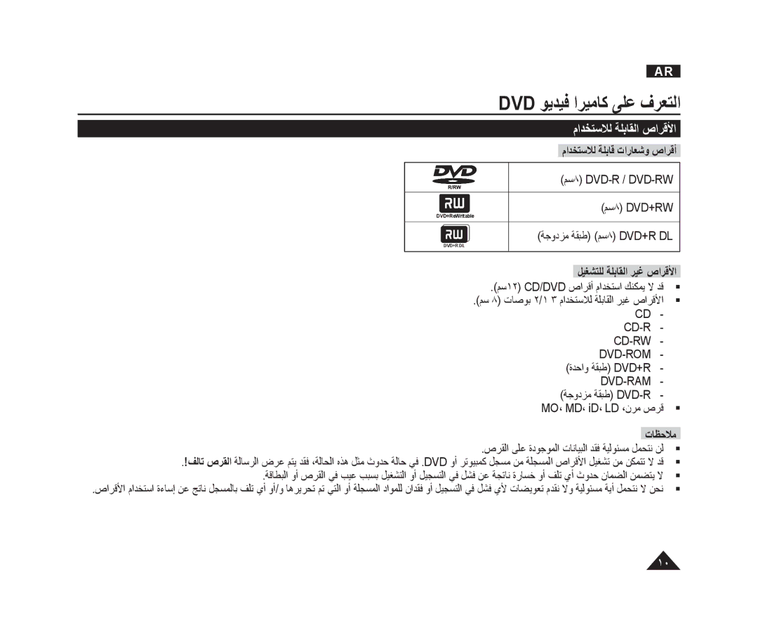 Samsung VP-DC165WI/UMG, VP-DC165WI/HAC ﻢﺳ٨ DVD-R / DVD-RW ﻢﺳ٨ DVD+RW, ﺔﺟﻭﺩﺰﻣ ﺔﻘﺒﻃ ﻢﺳ٨ DVD+R DL, ﻞﻴﻐﺸﺘﻠﻟ ﺔﻠﺑﺎﻘﻟﺍ ﺮﻴﻏ ﺹﺍﺮﻗﻷﺍ 