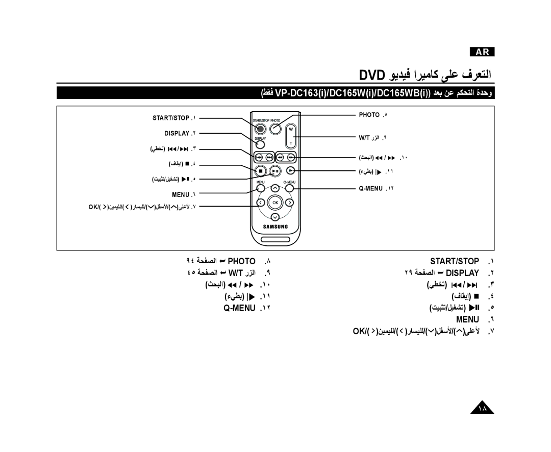 Samsung VP-DC165WI/HAC, VP-DC165WI/UMG, VP-DC165WI/MEA ﻂﻘﻓ VP-DC163i/DC165Wi/DC165WBi ﺪﻌﺑ ﻦﻋ ﻢﻜﺤﺘﻟﺍ ﺓﺪﺣﻭ, ﺖﻴﺒﺜﺗ/ﻞﻴﻐﺸﺗ   