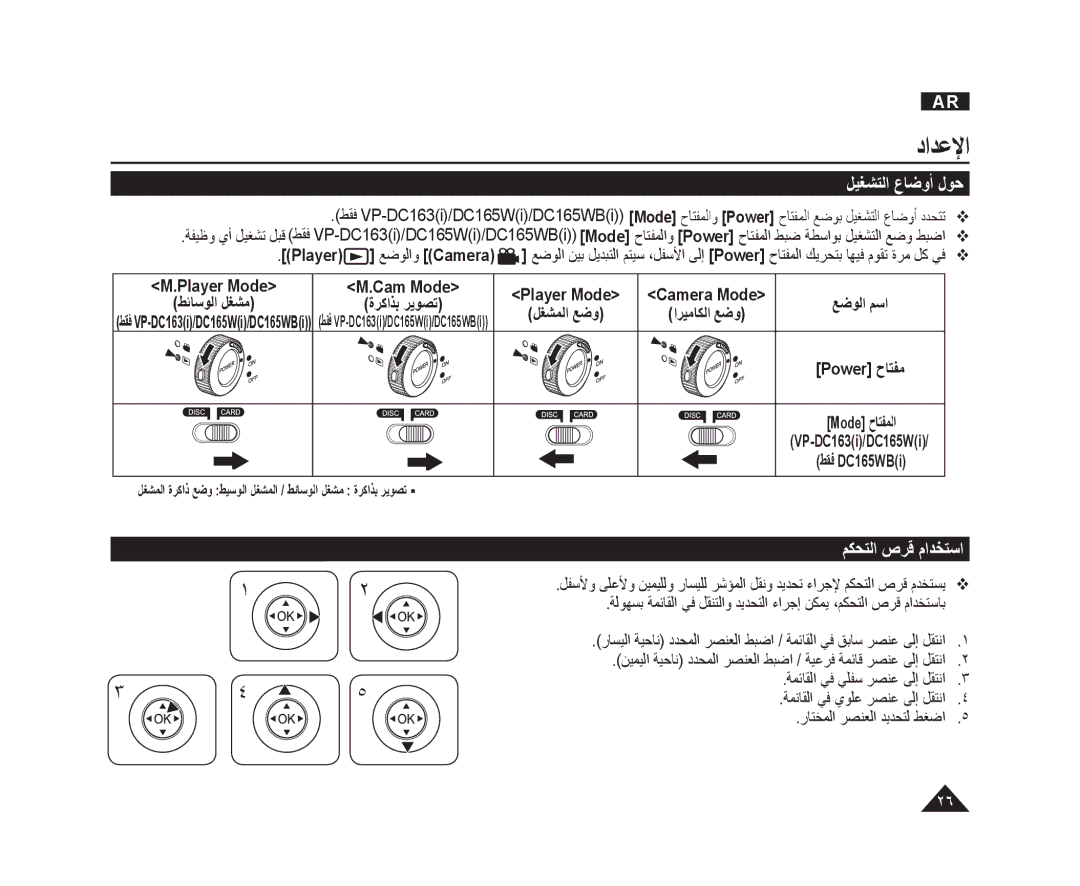 Samsung VP-DC165WI/MEA, VP-DC165WI/HAC, VP-DC165WI/UMG manual ﻞﻴﻐﺸﺘﻟﺍ ﻉﺎﺿﻭﺃ ﻝﻮﺣ, ﻢﻜﺤﺘﻟﺍ ﺹﺮﻗ ﻡﺍﺪﺨﺘﺳﺍ, Player ﻊﺿﻮﻟﺍﻭ Camera 