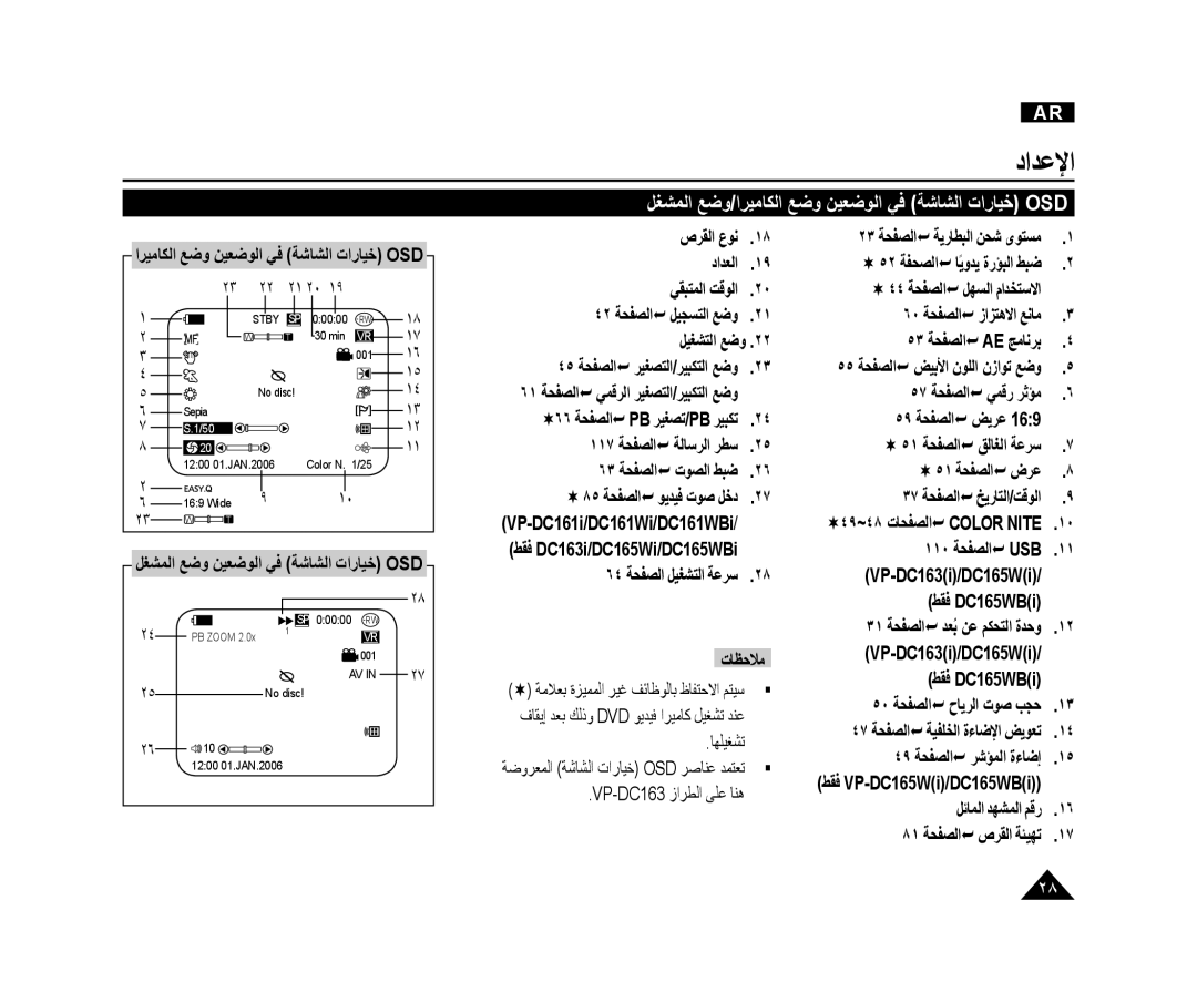 Samsung VP-DC165WI/UMG, VP-DC165WI/HAC, VP-DC165WI/MEA manual ﻞﻐﺸﻤﻟﺍ ﻊﺿﻭ/ﺍﺮﻴﻣﺎﻜﻟﺍ ﻊﺿﻭ ﻦﻴﻌﺿﻮﻟﺍ ﻲﻓ ﺔﺷﺎﺸﻟﺍ ﺕﺍﺭﺎﻴﺧ Osd 