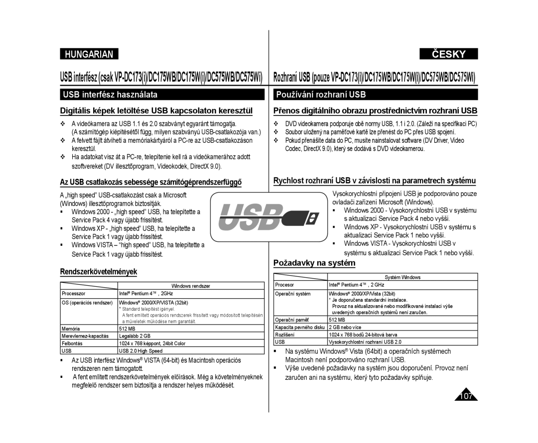 Samsung VP-DC575WB/XEO manual USB interfész használata, Používání rozhraní USB, Rendszerkövetelmények, Požadavky na systém 