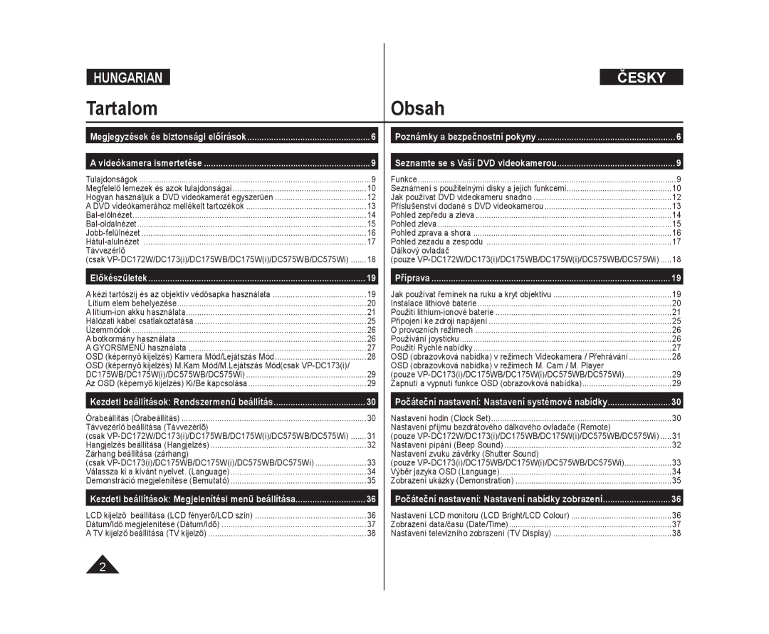 Samsung VP-DC171/XEO, VP-DC171W/XEO, VP-DC175WB/XEO, VP-DC575WB/XEO manual TartalomObsah 